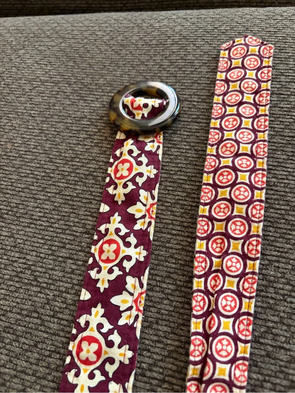 Vera Bradley Maroon Floral Fabric Belt with Round Tortoiseshell Buckle